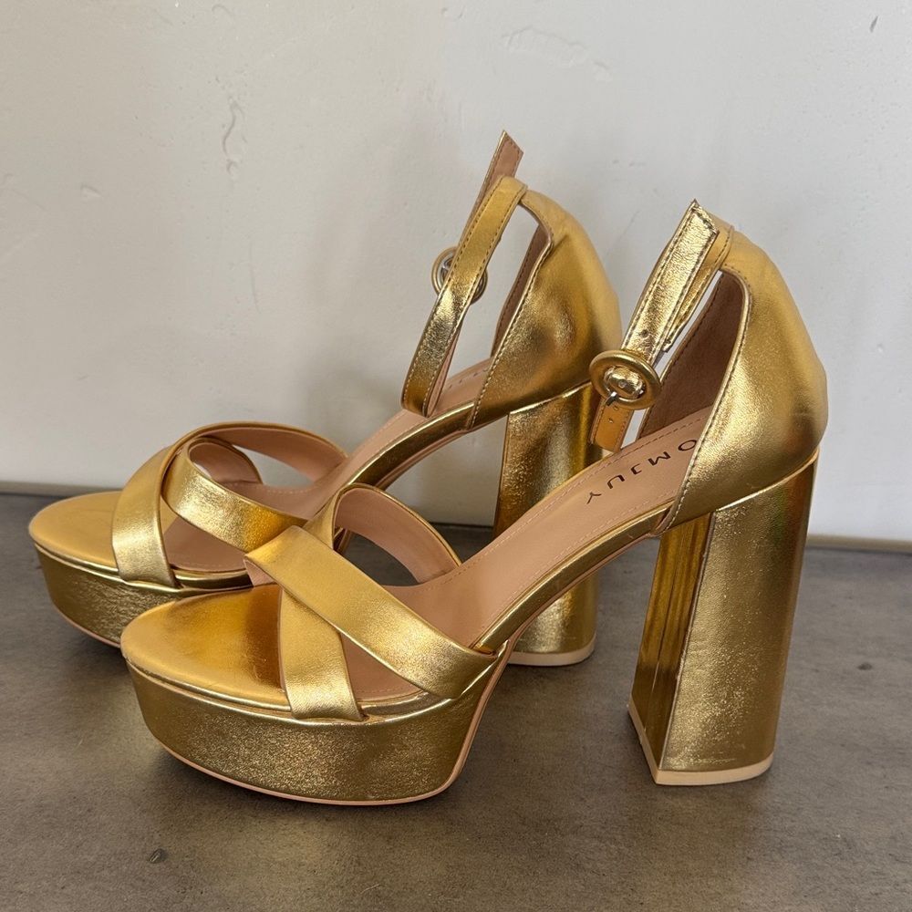 COMJUY Gold Metallic Platform Block High Heel Sandals Peep Toe Women's Size 8